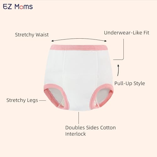 EZ Moms 4 Packs Toddler Potty Training Underwear Leakproof Soft Absorbent Kid Confident Toilet Training Pants Girls 5T 100% Cotton Underwear Reusable Toddler Girl Pee Pants with Potty Sticker Chart