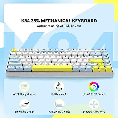 ZIYOU LANG RK-K84 Wired 75% Mechanical Gaming Keyboard Hot Swappable with Rainbow LED Backlit Anti-ghosting TKL 84 Key Custom Coiled C to A Cable Linear Red Switch for PS4 PS5 Xbox PC Mac Gamer(Lemon)