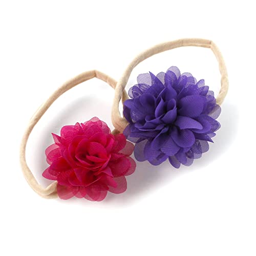 My Lello Baby Girl Rounded Petal Chiffon Flower Nylon Elastic Headbands Set 2pcs - Small - Berry Pink/Purple