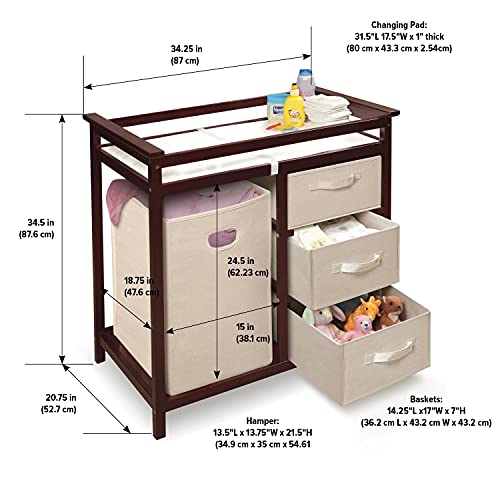 Badger Basket Modern Baby Changing Table - Nursery Furniture with Laundry Hamper and 3 Storage Drawers - Diaper Changing Station with Safety Belt, Changing Pad, Organizer Baskets - Cherry/Ecru