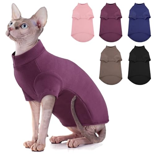 SUNFURA Turtleneck Sweater for Cat, Sphynx Cats Shirt Hairless Cat Sweaters with Sleeves, Warm and Soft Kitten Pullover Fleece Winter Pajamas Jumpsuit for Puppy Cats, Purple XL