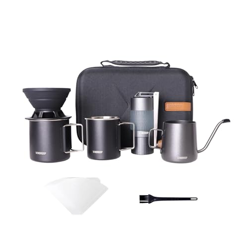 Vandroop Pour Over Coffee Maker Set, ALL in 1 Portable Set- Manual Coffee Grinder with Stainless Steel Conical Burr, Collapsible Silicone Coffee Dripper Set, Coffee Gooseneck Kettle