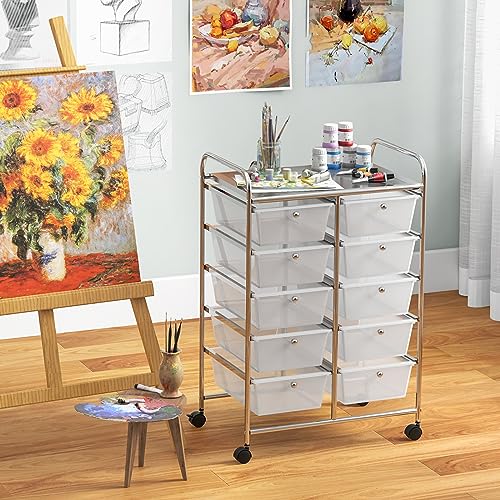 Giantex 10 Drawers Rolling Cart, Classroom Organizers, Storage Cart with Wheels, for Teacher Office Home School Supplies Tool Craft Art Paper, Clear White