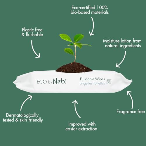 Eco by Naty Flushable Baby Wipes - Compostable and Plant-Based Wipes, Chemical-Free and Hypoallergenic Baby Wipes Safe for Baby Sensitive Skin