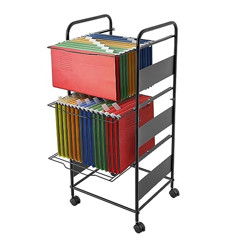 2/3-Tier Metal Rolling File Cart with Wheels for Letter Legal Size Hanging Files Mobile File Folder Rack with Pull-Out Drawer File Organizer Cabinet for Home Office (3Tiers Black)