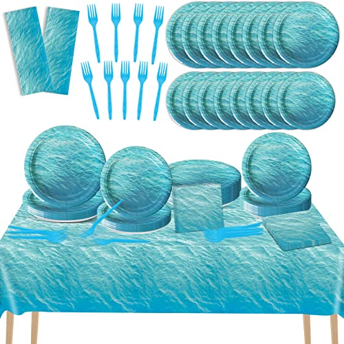gisgfim 98 Pcs Ocean Sea Party Supplies Ocean Waves Party Plates Ocean Sea Party Tablecloth Ocean Theme Party Decorations for Adults Ocean Sea Tableware Paper Forks Napkins Plates for 24 Guests