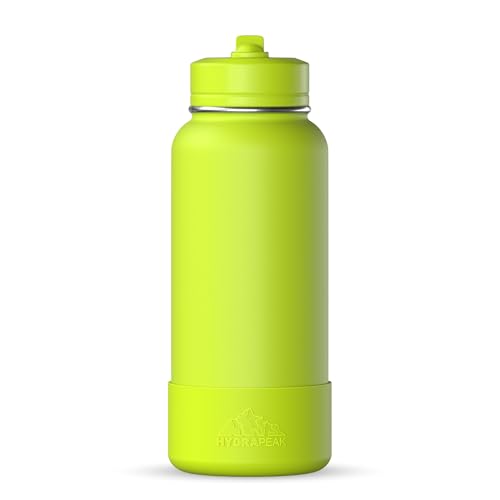 Hydrapeak 32oz Sport Insulated Water Bottle with Straw or Chug Lid, Leak & Spill Proof, Keeps Drinks Cold for 24 Hours, Hot for 12 Hours, Premium Stainless Steel Water Bottles (32oz, Neon Green)