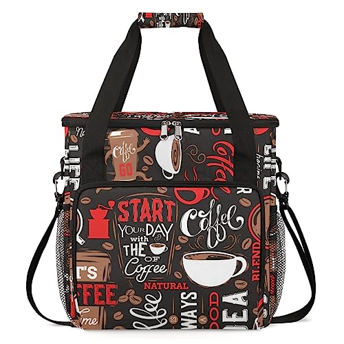 Red Start Day With Coffee Coffees Maker Carrying Bag Coffee Machine Travel Storage Tote Bag Compatible with K-Mini or K-Mini Plus, Portable Single Serve Coffees Brewer Case with Pockets for K-Cup Pods