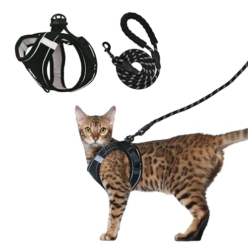 Hepper Cat Harness and Leash Escape Proof Set - Black Tactical Cat Harness with Reflective Safety Strips - Kitten or Cat Vest/Cat Jacket/Cat Walker (XS)