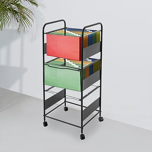 2/3-Tier Metal Rolling File Cart with Wheels for Letter Legal Size Hanging Files Mobile File Folder Rack with Pull-Out Drawer File Organizer Cabinet for Home Office (3Tiers Black)