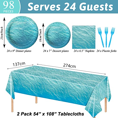 gisgfim 98 Pcs Ocean Sea Party Supplies Ocean Waves Party Plates Ocean Sea Party Tablecloth Ocean Theme Party Decorations for Adults Ocean Sea Tableware Paper Forks Napkins Plates for 24 Guests