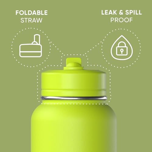 Hydrapeak 32oz Sport Insulated Water Bottle with Straw or Chug Lid, Leak & Spill Proof, Keeps Drinks Cold for 24 Hours, Hot for 12 Hours, Premium Stainless Steel Water Bottles (32oz, Neon Green)