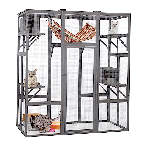 OELUBBY Large Cat Enclosure Wooden Cage Catio Pet Outdoor Playhouse Run House with Hiding Boxes and Solar Top, Pet Kennel Playpen with Jumping Activity Platforms 63'' x 33'' x 70'', Gray