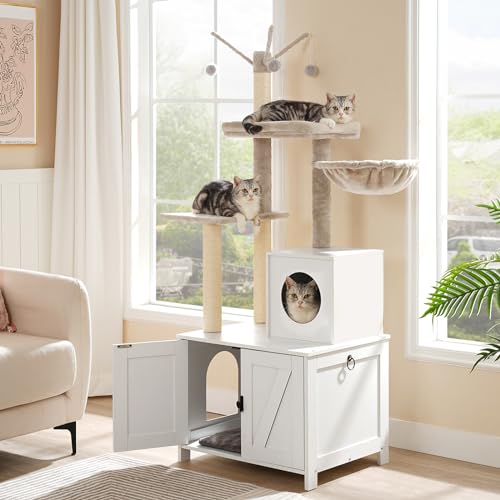 HOOBRO Cat Tree Tower with Litter Box Enclosure for Indoor, Wooden Cat Condo with Scratching Posts, Litter Box Furniture Hidden, All-in-One Cat House