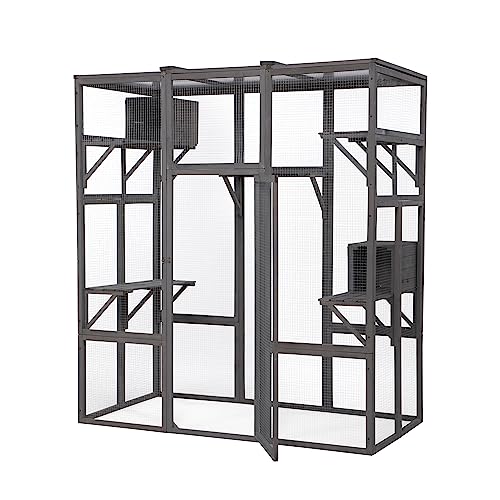 OELUBBY Large Cat Enclosure Wooden Cage Catio Pet Outdoor Playhouse Run House with Hiding Boxes and Solar Top, Pet Kennel Playpen with Jumping Activity Platforms 63'' x 33'' x 70'', Gray