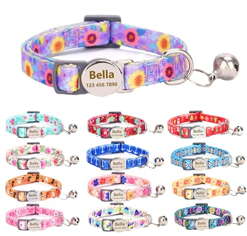 Moonpet Custom Personalized Breakaway Kitten Cat Collar with ID Name Phone Number Tag Plate/Customized Engraved Floral Pattern Boy Girl Cat Kitten Collar with Bell-Purple Flower