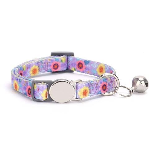 Moonpet Custom Personalized Breakaway Kitten Cat Collar with ID Name Phone Number Tag Plate/Customized Engraved Floral Pattern Boy Girl Cat Kitten Collar with Bell-Purple Flower