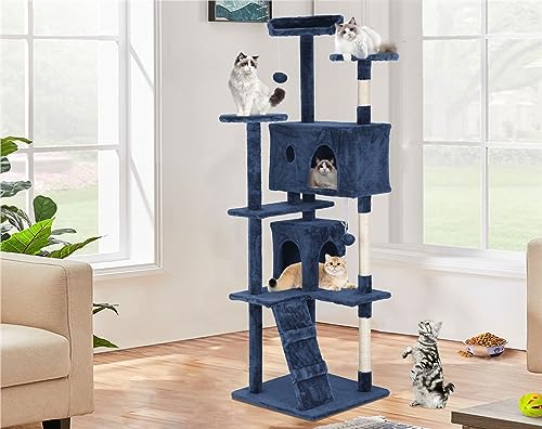 70 Inch Cat Tree Tower - Multi-Level Kitten Condo with Scratching Post, Plush Perch, Dangling Ball - Heavy Duty for Large Cats - Navy Blue