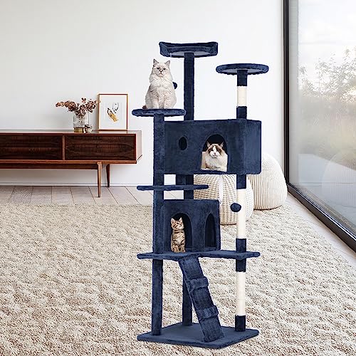 70 Inch Cat Tree Tower - Multi-Level Kitten Condo with Scratching Post, Plush Perch, Dangling Ball - Heavy Duty for Large Cats - Navy Blue