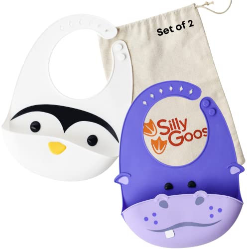 Silly Goose Set of 2 Silicone Animal Baby Bibs for Babies and Toddlers, Waterproof, Adjustable, Soft, Extra Wide Food Catcher Pocket (Penguin + Hippo)