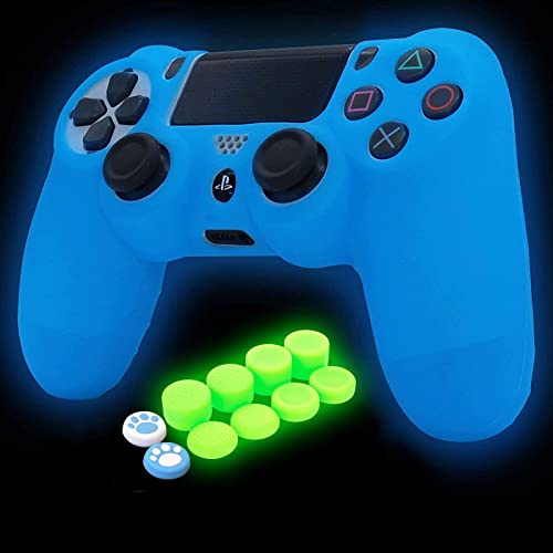 HLRAO Blue Controller Skin Silicone Grip Glow in Dark Protective Case Compatible with PS4/Slim/Pro Controller with 8 Glow in The Dark Thumb Grips Caps + 2 Cute Cat Paw Thumb Grips Caps.