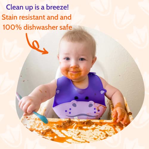 Silly Goose Set of 2 Silicone Animal Baby Bibs for Babies and Toddlers, Waterproof, Adjustable, Soft, Extra Wide Food Catcher Pocket (Penguin + Hippo)