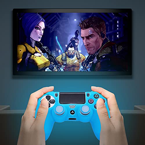 HLRAO Blue Controller Skin Silicone Grip Glow in Dark Protective Case Compatible with PS4/Slim/Pro Controller with 8 Glow in The Dark Thumb Grips Caps + 2 Cute Cat Paw Thumb Grips Caps.