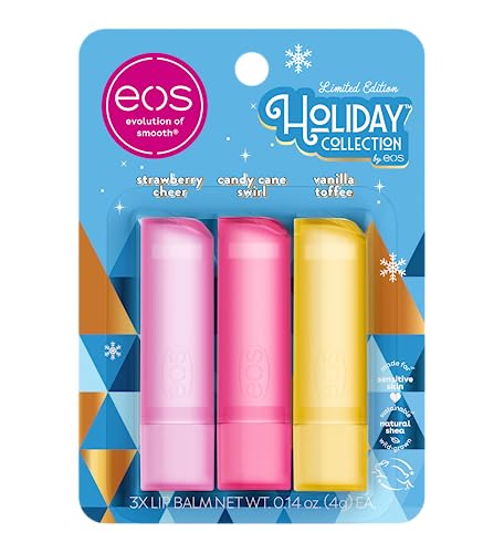 eos Holiday Lip Balm Gift- Strawberry Cheer, Candy Cane Swirl & Vanilla Toffee, Stocking Stuffers, All-Day Moisture Lip Care