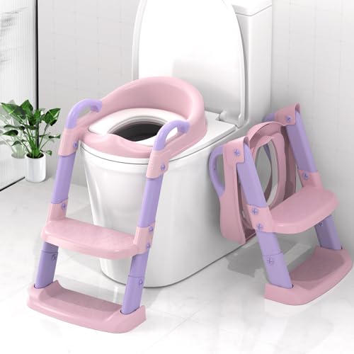 Zieyeen Potty Training Seat with Step Stool Ladder, Toddler Potty Training Toilet for Boys Kids, Potty Chair Adjustable Potty Seat for Toilet with Anti-Slip Wide Steps Splash Guard Safety Handles