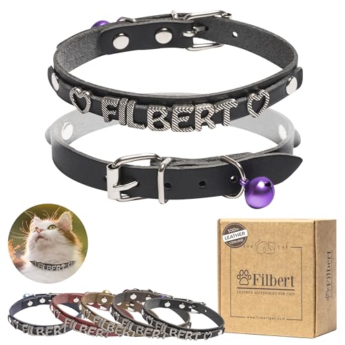 Filbert Custom Leather Cat Collar Personalized Leather Cat Collar, Non Breakaway, Buckled with Name, Personalized w/Bell, Black