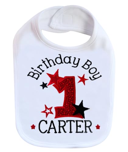 Fantasy Kids Designs First Birthday Boy Bib Smash Cake Bib 1st Birthday Bib Personalized with Name (White Bib/Dark Red)