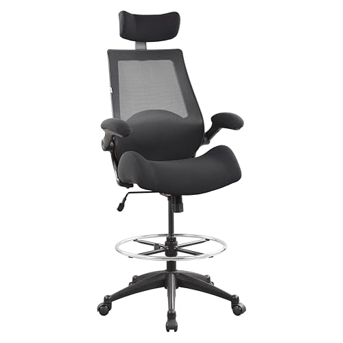 BOLISS Drafting Chair Tall Office Chair with Flip-up Armrests Executive Ergonomic Computer Standing Desk Chair with Lumbar Support and Adjustable Big Footrest Ring (Black)