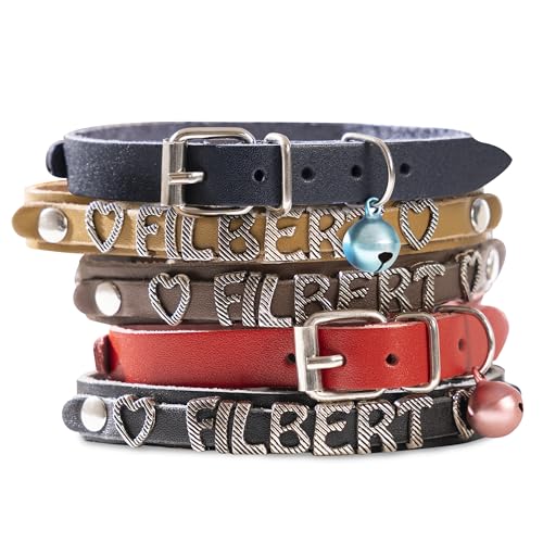 Filbert Custom Leather Cat Collar Personalized Leather Cat Collar, Non Breakaway, Buckled with Name, Personalized w/Bell, Black