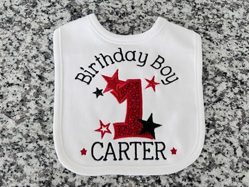 Fantasy Kids Designs First Birthday Boy Bib Smash Cake Bib 1st Birthday Bib Personalized with Name (White Bib/Dark Red)