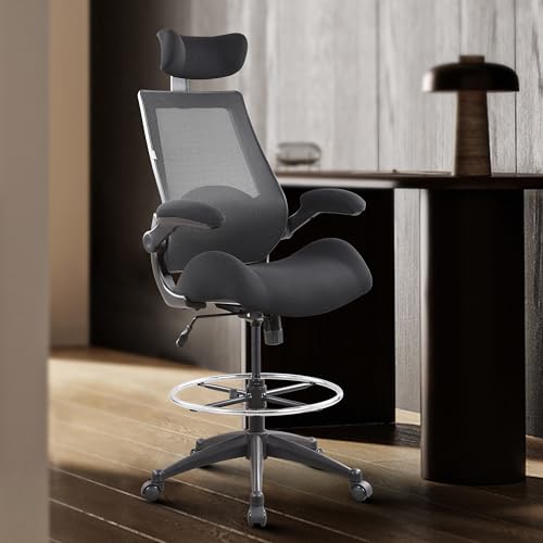 BOLISS Drafting Chair Tall Office Chair with Flip-up Armrests Executive Ergonomic Computer Standing Desk Chair with Lumbar Support and Adjustable Big Footrest Ring (Black)