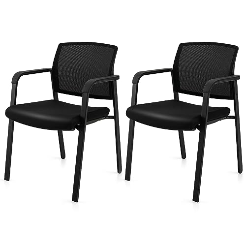 Tangkula Set of 2 Conference Room Chairs, Stackable Office Guest Chairs with Upholstered Seat, Mesh Backrest & Armrests, Ideal for Waiting Room Office, School, Lobby, Black