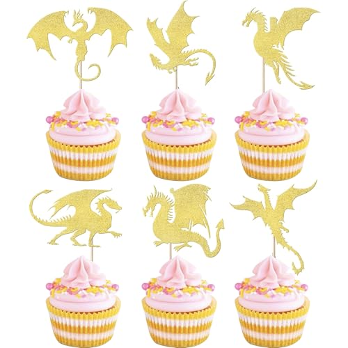 24 Pack Dragon Cupcake Toppers Glitter Fantasy Birthday Cupcake Picks for Medieval Dragon Theme Baby Shower Kids Birthday Party Cake Decorations Supplies Gold