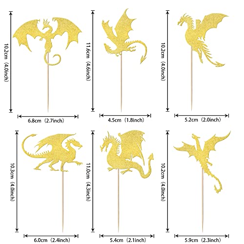 24 Pack Dragon Cupcake Toppers Glitter Fantasy Birthday Cupcake Picks for Medieval Dragon Theme Baby Shower Kids Birthday Party Cake Decorations Supplies Gold