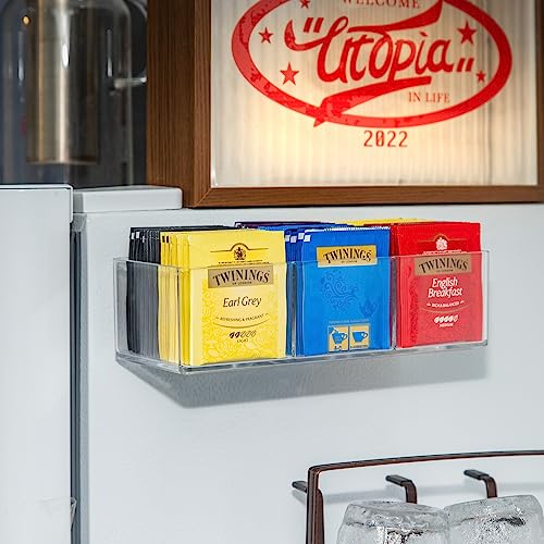 TelKeen Tea Bag Organizer Holds up to 60 Tea Bags, Tea with 3 Compartments, Adhesive Wall Mount Tea Box Strong Tea bag Holder Hooks for Storage Cabinet and Kitchen Pantry Doors Transparent