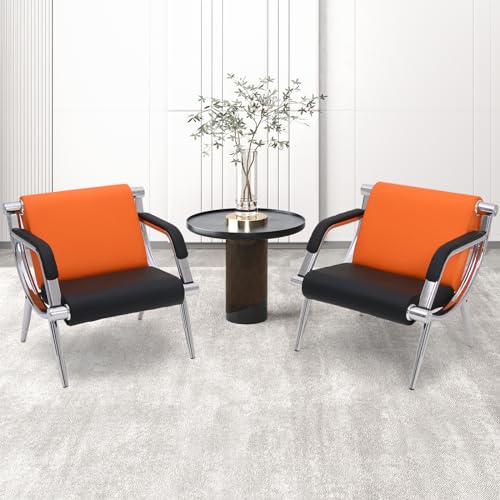 Walmokid Waiting Room Chairs with Armrest, PU Leather Office Furniture, Lobby Conference Reception Chairs, Office Guest Seating for Clinic,Airport,Hospital,Barber,Salon,Bank (Orange &Black
