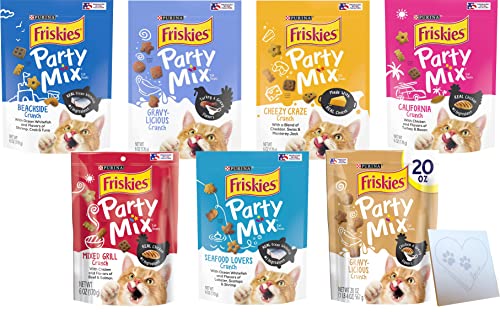 Party Mix Cat Treats HUGE Variety Pack - Seven Flavors: Whitefish, Turkey & Gravy, Cheddar, Turkey & Bacon, Chicken, Lobster & Shrimp and More! + Pet Paws Notepad (6oz Each