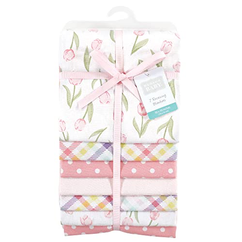 Hudson Baby Unisex Baby Cotton Flannel Receiving Blankets Bundle, Pink Tulips, One Size