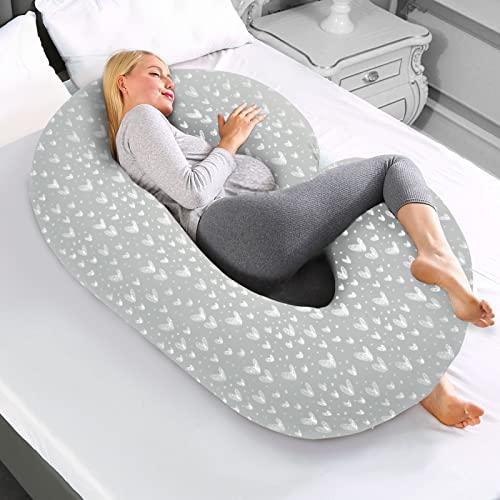 Pregnancy Pillow Cover C Shaped, Full Body Pillowcase for Maternity Pillow, Ultra Soft & Smooth, Universal Fit, Grey Heart Print