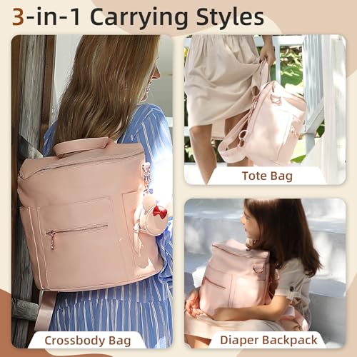 miss fong Pink Small Diaper Bag Mini Diaper Bag, Leather Diaper Bag Backpack Mini Backpack with 14 Pockets Insulated Pockets & Shoulder Straps