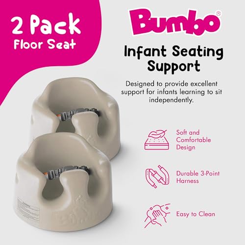 Bumbo Infant Floor Seat Baby Sit Up Chair and Baby Sitting Support for 3 to 12 Months Old with 3 Point Adjustable Safety Strap Harness, Taupe (2 Pack)