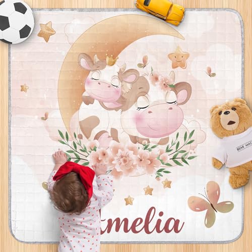 Custom Baby Play Mats for Floor - Portable Foldable Yellow Cow Baby Mat,Fits Play Yard, Baby Playmat for Infants Toddlers, Odorless-Non Slip Mat Birthday Gift for Babies(43