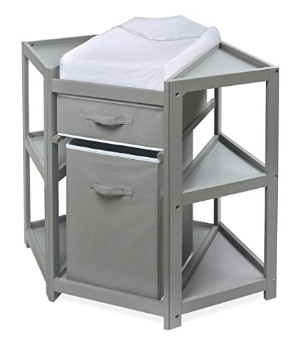 Badger Basket Corner Baby Changing Table - Space-Saving Diaper Changing Station for Nursery with Storage Bin, Changing Pad and Safety Belt - Organizer for Newborn and Infant Essentials - Gray