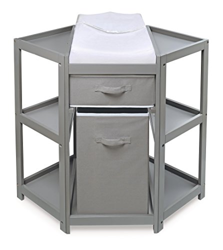 Badger Basket Corner Baby Changing Table - Space-Saving Diaper Changing Station for Nursery with Storage Bin, Changing Pad and Safety Belt - Organizer for Newborn and Infant Essentials - Gray
