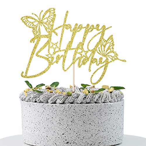 WRACKKIAR Butterfly Happy Birthday Cake Topper-Butterfly Cake Decor for Girl Birthday-Glitter Butterfly Cake Pick Decorations for Butterfly Theme Baby Shower Kids Birthday Party Supplies (Gold)