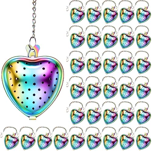 Sumind 50 Pcs Stainless Steel Tea Strainer Ball Infuser Loose Leaf Steeper Interval Diffuser Heart Shape Mesh Filters with Extended Chain Hook for tea party Seasonings Cup Bottle(Rainbow)